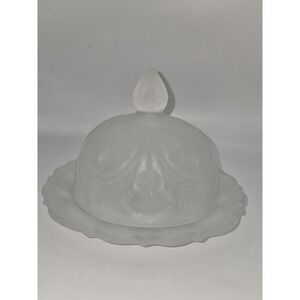 Mosser‎ Embossed Thistle Clear Frosted Depression Glass Covered Butter Dish